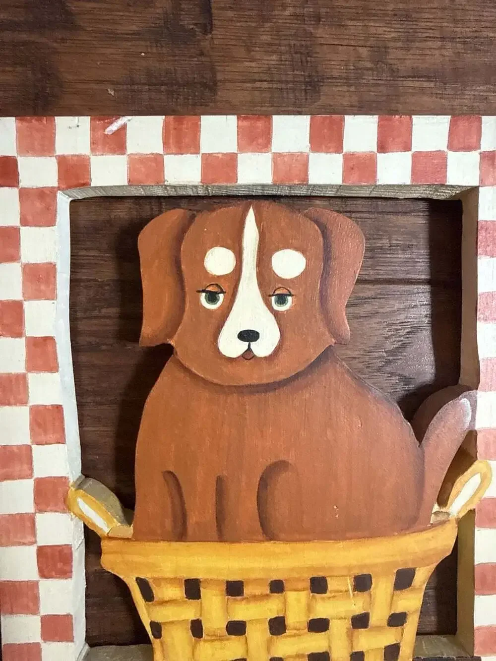 Pat Isaac Vintage Wood Cutout Wall Art Set Cat & Dog in Baskets Checked Borders